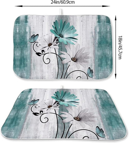 Rustic Daisy Floral Dish Drying Mats 18x24 Inches for Kitchen Counter Vintage Teal Blue Kitchen Decorations Drying Mats Seasonal Outdoor Decor Mat Drying Pad for Office Dining Room Decor