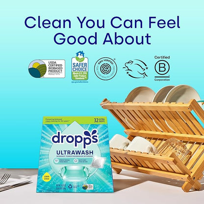 Dropps UltraWash Dishwasher Detergent Pods, Lemon Citrus (32 Ct) - Cuts Grease & Stuck-On Food | Sparkling Dishes & Glasses | Residue-Free | Clean Ingredients | No Pre-Rinse | Plastic Free Packaging