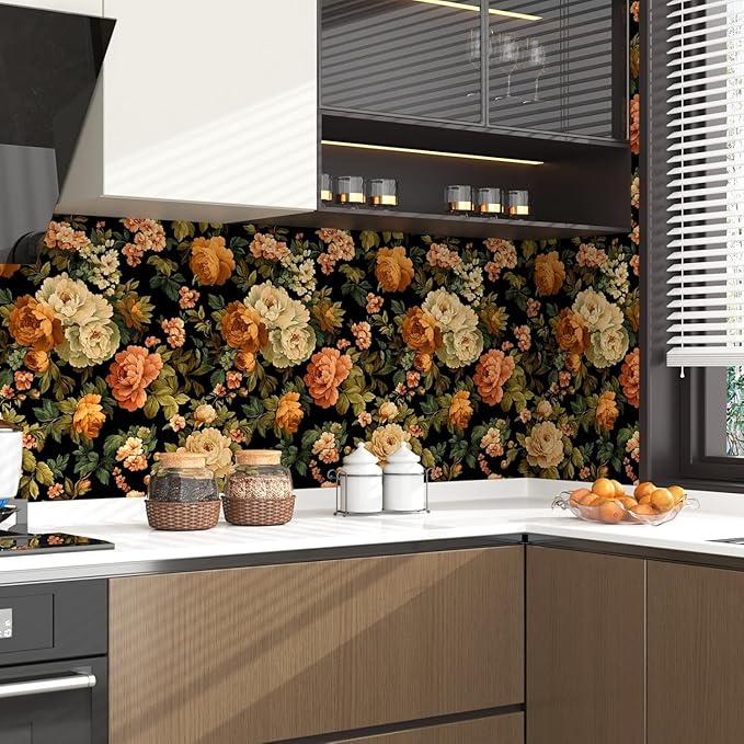 Fvlow Black Green Floral Wallpaper Peel and Stick 17.4" x 394" Dark Rose Moody Contact Paper Waterproof Self Adhesive Covering for Bedroom Bathroom Kitchen Abstract Art Home Decor