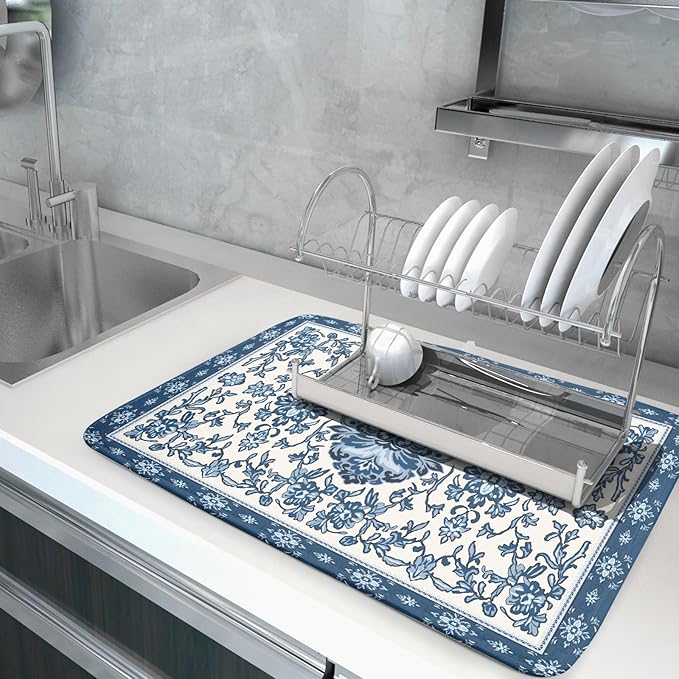 Boho Floral Blue Dish Drying Mat for Kitchen Counter 18x24 Vintage Chinoiserie Flower Print Absorbent Reversible Microfiber Drying Mats Kitchen Countertop Protector Dishes Drainer Rack Pad