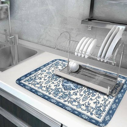 Boho Floral Blue Dish Drying Mat for Kitchen Counter 18x24 Vintage Chinoiserie Flower Print Absorbent Reversible Microfiber Drying Mats Kitchen Countertop Protector Dishes Drainer Rack Pad