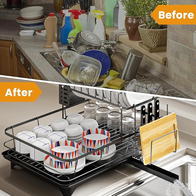 Dish Drying Rack,2-Tier Rustproof Steel Kitchen Organizer with Drainboard & Utensil Holder, Large Capacity Dish Drainer Organizer for Bowls/Cups/Bottles (MS-A-356-1)