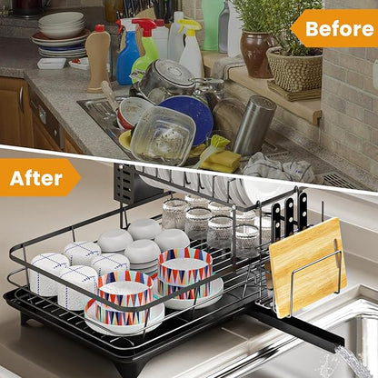 Dish Drying Rack,2-Tier Rustproof Steel Kitchen Organizer with Drainboard & Utensil Holder, Large Capacity Dish Drainer Organizer for Bowls/Cups/Bottles (MS-A-356-1)