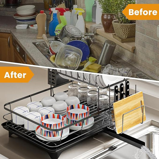 Dish Drying Rack,2-Tier Rustproof Steel Kitchen Organizer with Drainboard & Utensil Holder, Large Capacity Dish Drainer Organizer for Bowls/Cups/Bottles (MS-A-356-1)