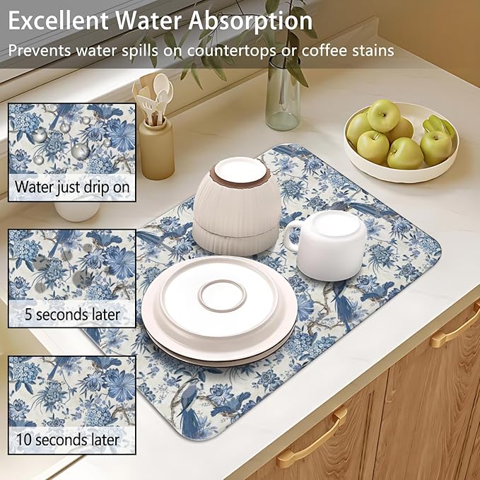 Dish Drying Mat for Kitchen Counter 2 Pack with Non-Slip Rubber Backing - Heat-Resistant Absorbent Coffee Bar Mat, Dish Rack Mat, Blue Flower And Bird Dish Drying Mats 18x24+19.5x12 inch