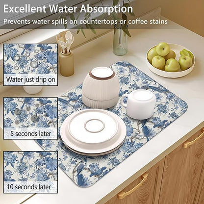 Dish Drying Mat for Kitchen Counter 2 Pack with Non-Slip Rubber Backing - Heat-Resistant Absorbent Coffee Bar Mat, Dish Rack Mat, Blue Flower And Bird Dish Drying Mats 18x24+19.5x12 inch