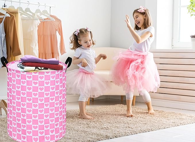 19.7 Inch Round Pink Valentine's Day Laundry Clothes Hamper Laundry Basket with Handles,Storage Organizer Bins Laundry Gift Basket for Room, Bedroom Decor (Pink Heart)