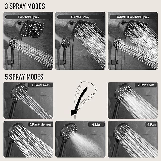 Veken 11.8'' Rain Shower Head with Handheld, High Pressure Rainfall Showerhead Combo with 5 Handheld Water Spray Modes for Bathroom Accessories, Home Decor, Detachable Dual Shower Heads, Matte Black