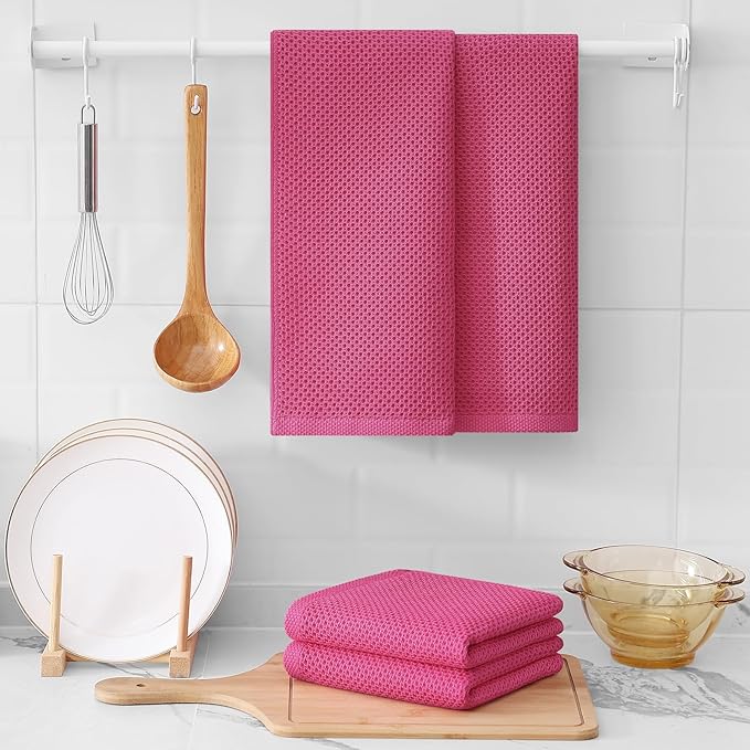 Kitinjoy 100% Cotton Waffle Weave Kitchen Hand Towels (13 X 28 Inches, Hot Pink), 4-Pack Super Soft and Absorbent Dish Towel for Drying Dishes
