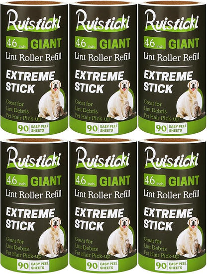 4.6 inch Lint Roller Refills Compatible with Evercare Giant Lint Rollers and T Handle Pet Hair Roller Extreme Stick 90 Sheets Each Refill Roll (Pack of 6, 540 Sheets Total)
