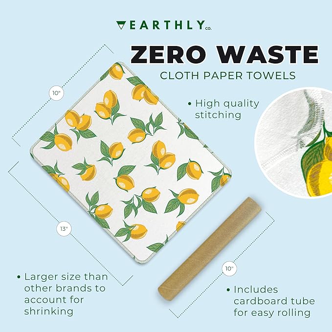 Reusable Paper Towels - 24 Pack - Roll of Washable Cotton Cloth Paper Towels - Paperless Reusable Napkins Cloth Washable - Absorbent + Long Lasting - Zero Waste Products - (Lemon)