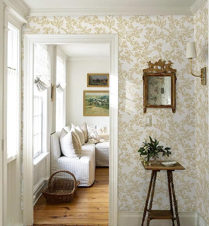 Ismoon Floral Wallpaper Peel and Stick Vintage Flower Beige and Gold Contact Paper for Cabinet Textured Removable Self Adhesive Vinyl Wallpaper for Bedroom 17.3x393in