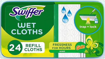 Swiffer Sweep + Mop, Wet Pads Refill, Floor Cleaner for Dirt, Dust, Hair, Cleaning Cloths for Mopping Home, Bathroom, Kitchen, All Purpose Multi-Surface Floor Wipes, Gain, 24ct