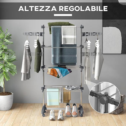 HOMCOM Folding Clothes Airer in Stainless Steel and Plastic, Space-Saving Vertical Drying Rack with 6 Wheels, Hooks and 4 Adjustable Shelves for Indoors, 142 x 55 x 172 cm, Silver Grey