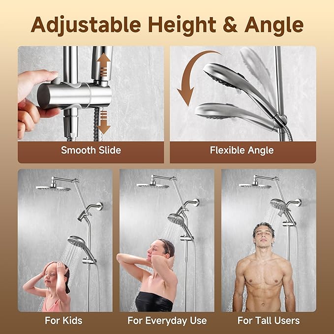 BRIGHT SHOWERS Rain Shower Head with Handheld Spray, High Pressure Dual Shower Head, Adjustable Extension Arm & Slide Bar, 9 Spray Modes Built-in Power Wash, 3-Way Diverter, 69" Hose, Brushed Nickel