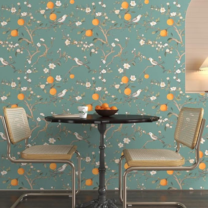 Green Floral Wallpaper Peel and Stick, Birds & Orange Fruits Contact Paper 17.5" x 393.7",Vintage Botanical Boho Wall Paper Self Adhesive Waterproof Removable for Room Shelves Cabinet Drawer Table