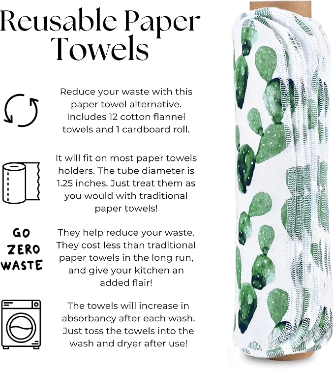 The Useless Brand Reusable Paper Towels Roll | 12 Eco Friendly Washable Cotton Flannel Towels w/Cardboard Roll | Zero Waste & Sustainable | Fits on Most Holders (Cactus, 12 Pack)