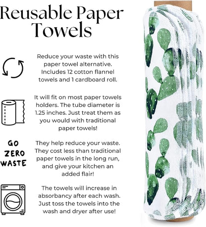 The Useless Brand Reusable Paper Towels Roll | 12 Eco Friendly Washable Cotton Flannel Towels w/Cardboard Roll | Zero Waste & Sustainable | Fits on Most Holders (Cactus, 12 Pack)