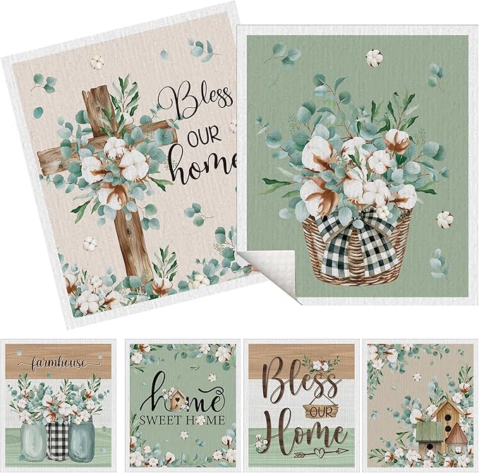 Swedish Dishcloths for Kitchen, 6 Pack Farmhouse Eucalyptus and Cotton Flower Reusable Paper Towels, Non-Scratch Swedish Dish Cloths Super Absorbent Cellulose Sponge Cloths