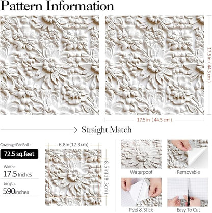 FunStick 17.5x590 Off White 3D Floral Peel and Stick Wallpaper Vintage Embossed Floral Contact Paper White Vinyl Renter Friendly Wall Paper for Bathroom Kitchen Accent Wall Cabinets Ceiling Waterproof