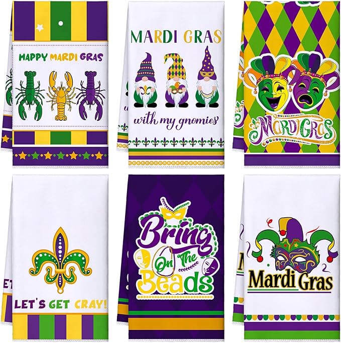 Zubebe 6 Pieces Mardi Gras Kitchen Towels 18 x 28 Inches Print Dish Farmhouse Towel Happy Mardi Gras Hand Towels for Carnival Cooking Baking Home Cleaning Wipes