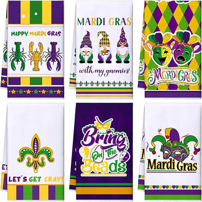 Zubebe 6 Pieces Mardi Gras Kitchen Towels 18 x 28 Inches Print Dish Farmhouse Towel Happy Mardi Gras Hand Towels for Carnival Cooking Baking Home Cleaning Wipes
