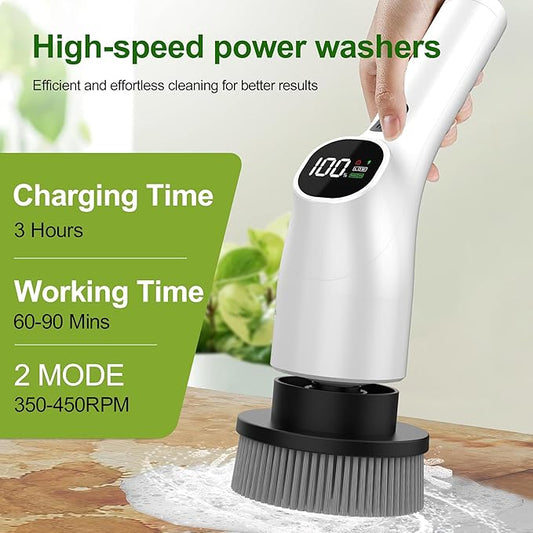 Electric Spin Scrubber, Shower Scrubber with Long Handle Adjustable LCD Display, 2 Speed Shower Cleaner, 7 Replaceable Brush Heads Bathroom Cleaning Brush, Bath Tub Power Scrubbers White G3