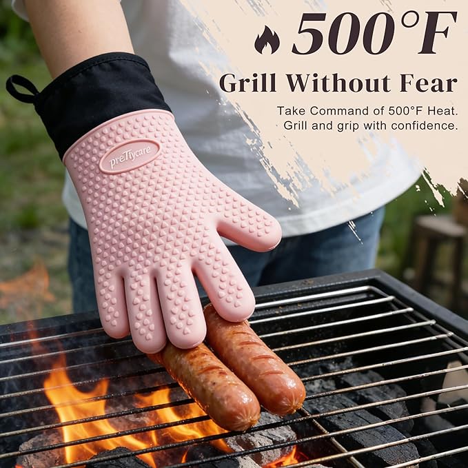 PrettyCare 14 in Silicone Oven Mitts for Women, Heat Resistant Waterproof Oven Gloves with Fingers, Cotton Lined Silicone Oven Gloves for Baking Cooking BBQ,Kitchen Essentials Gift for Women (Pink)
