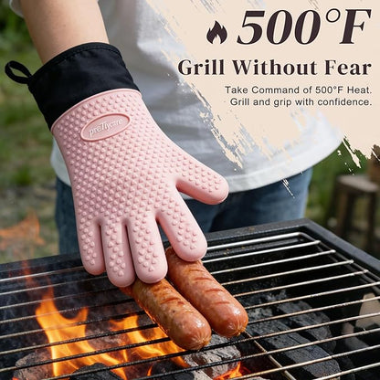 PrettyCare 14 in Silicone Oven Mitts for Women, Heat Resistant Waterproof Oven Gloves with Fingers, Cotton Lined Silicone Oven Gloves for Baking Cooking BBQ,Kitchen Essentials Gift for Women (Pink)