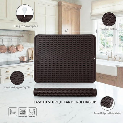 MicoYang Silicone Dish Drying Mat for Multiple Usage,Easy clean,Eco-friendly,Heat-resistant Silicone Mat for Kitchen Counter or Sink,Refrigerator or drawer liner Coffee L 16 inches x 12 inches
