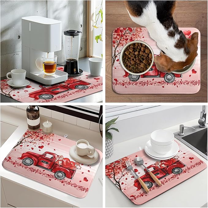 Valentine's Day Dish Drying Mats for Kitchen Counter, Happy Valentine's Day Dish Mat Absorbent Reversible Microfiber Dish Drying Pad Love Kitche Mat Dish Drainer Rack Mats for Coffee Bar 18"x24"
