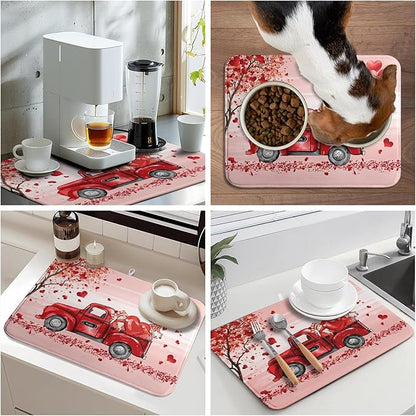 Valentine's Day Dish Drying Mats for Kitchen Counter, Happy Valentine's Day Dish Mat Absorbent Reversible Microfiber Dish Drying Pad Love Kitche Mat Dish Drainer Rack Mats for Coffee Bar 18"x24"
