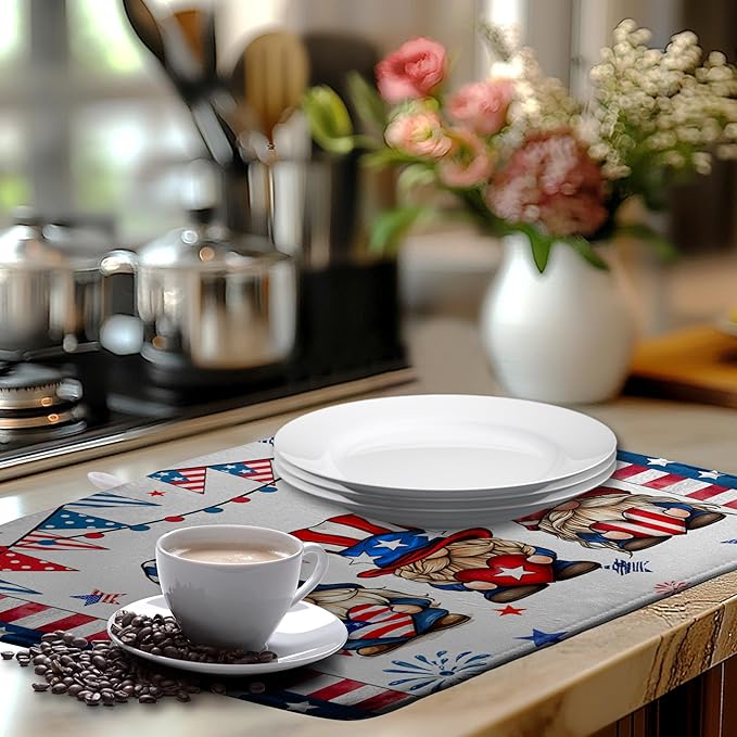 4th of July Gnomes Dish Drying Mat Patriotic Gnome Large Kitchen Mat Dish Drying Pad Absorbent Dish Dryer Mat for Kitchen Countertops Microfiber Drainer Pad Dish Drying Rack Mat (18x24 in)