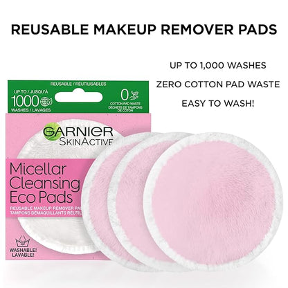 Garnier Micellar Cleansing Eco Pads, Reusable, 3 Ultra-soft Microfiber Pads, 1 Count (Packaging May Vary)