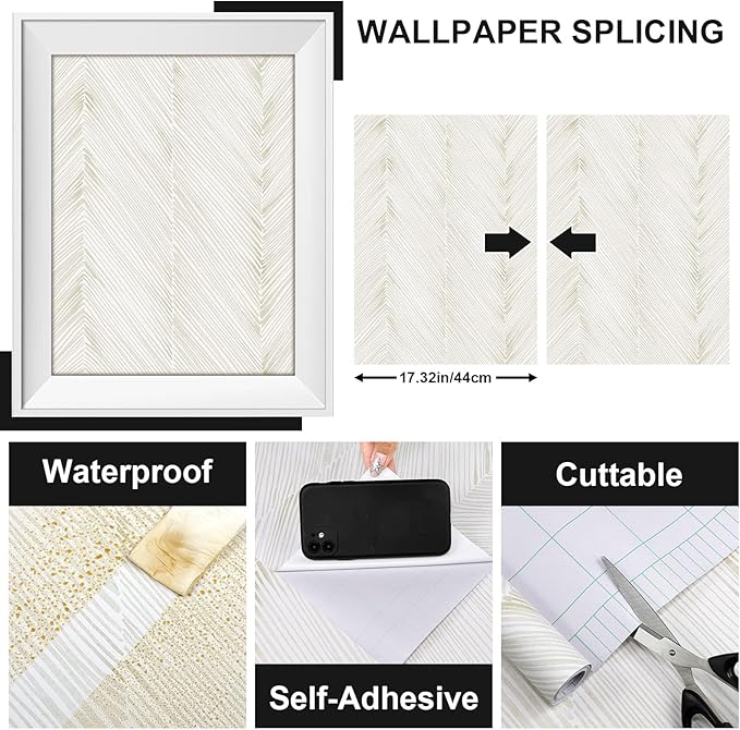 Modern Peel and Stick Wallpaper A Set of 17.3"x480" Beige Herringbone Striped Wall Paper Boho Self-Adhesive Removable Contact Paper for Cabinets Bathroom Bedroom Wall Decor