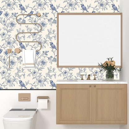 Beige Wallpaper Peel and Stick Blue Floral Bird Vintage Contact Paper 17.5" x 118" Boho Animal Self Adhesive Waterproof Removable for Bathroom Shelves Cabinet Drawer Table Decor Renter Friendly