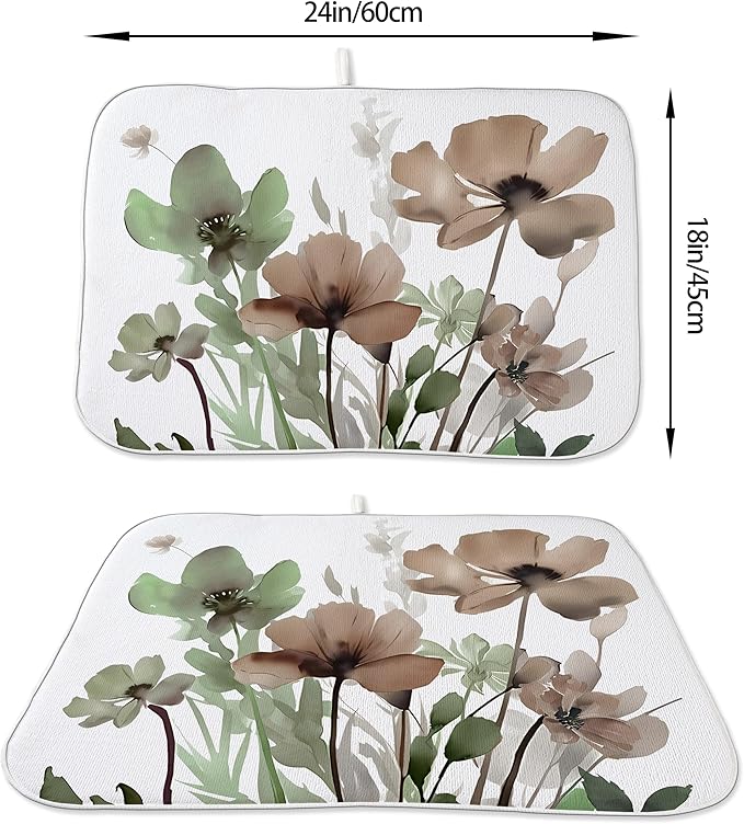 Spring Dish Drying Mat 18x24 Inches For Kitchen Counter Absorbent Brown Green Floral Kitchen Decoration Drying Mat Summer Flower Decorative Pad For Home Kitchen,Dining Room,Office Decoration