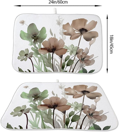 Spring Dish Drying Mat 18x24 Inches For Kitchen Counter Absorbent Brown Green Floral Kitchen Decoration Drying Mat Summer Flower Decorative Pad For Home Kitchen,Dining Room,Office Decoration