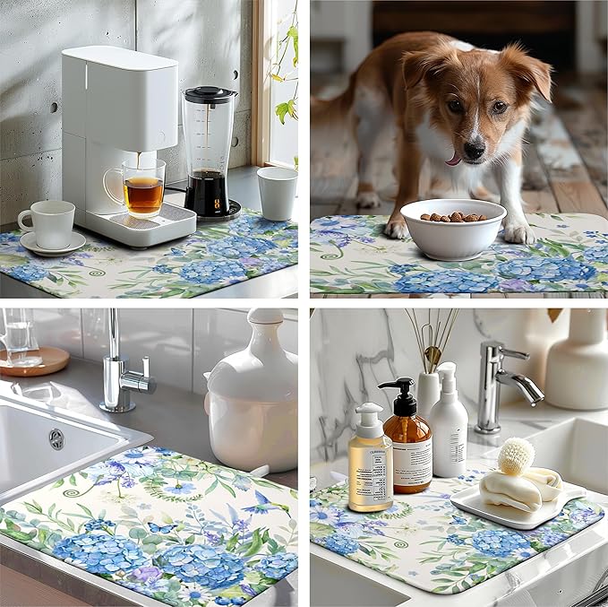 Blue Hydrangea Dish Drying Mat for Kitchen Counter 18 x 24 Inch Spring Floral Hummingbird Butterfly Absorbent Microfiber Dish Mat Reversible Washable Heat Resistant Dry Pad for Coffee Bar