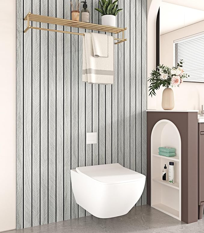 Wallercity Gray Peel and Stick Wood Slat Panels for Living Room Bedroom 11.7''x118'' Wooden Panels Wall Decor Self Adhesive Waterproof Wood Paneling Soundproof Slat Wallpaper for Backsplash Ceiling
