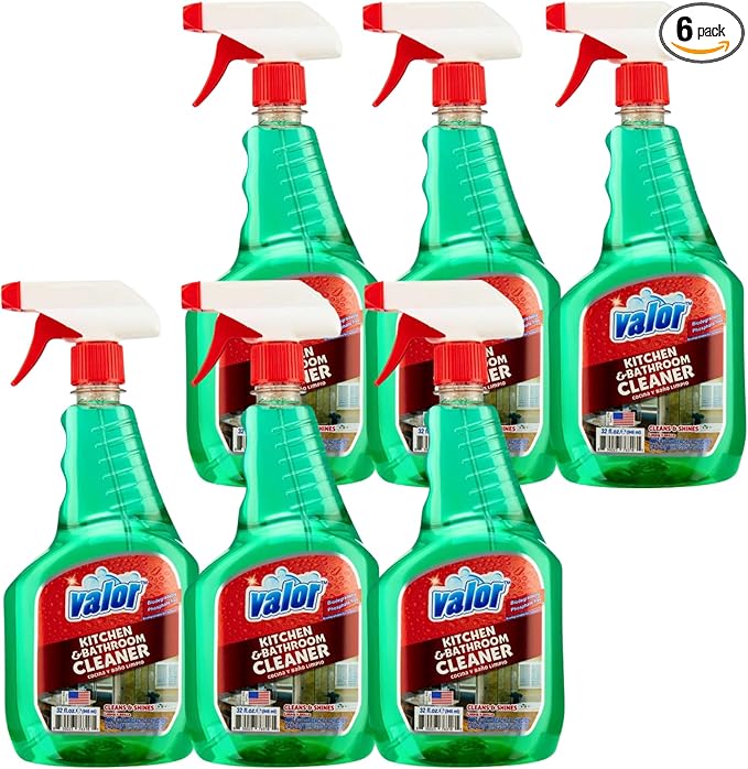 Valor Kitchen & Bathroom Cleaner Spray – Multi-Surface Degreaser & Limescale Cleaning Solution, Eco-Friendly Biodegradable Formula, (32 Fl Oz (Pack of 6))