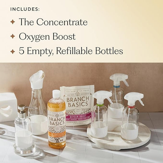Branch Basics Premium Starter Kit in Glass: All Purpose Cleaner, Glass Cleaner, Bathroom Cleaner, Wash Bottle, and Laundry Bottle (3 Glass Spray Bottles + Concentrate) Fragrance-Free