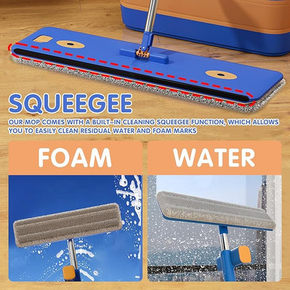 16.5" Self Wringing Flat Mop and Bucket Set, 55" Long Handle Microfiber Mop for Floor and Wall Cleaning, Hands-Free Wet & Dry Mop with Squeegee, 5 Replacement Pads & Collapsible Bucket