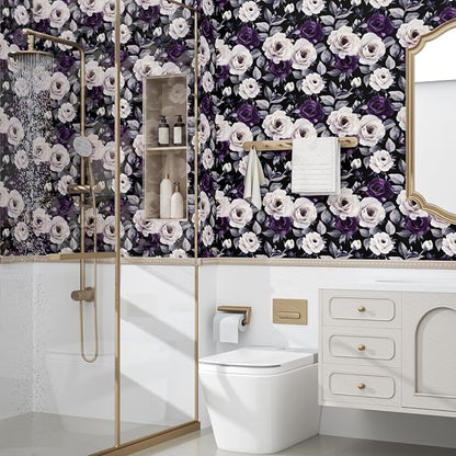 Black Foral Wallpaper Peel and Stick Purple White Rose Contact Paper 17.4" x 393", Dark Vintage Self-Adhesive Removable Flower Wall Paper for Bedroom Countertop Desk Cabinets Decor Renter Friendly