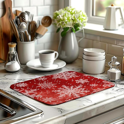 Christmas Dish Drying Mat for Kitchen Counter 16x18 Inch Red Snowflake Xmas Drying Pad Winter Holiday Dish Draining Mat Absorbent Microfiber Dish Drainer Rack Mat for Coffee Bar Kitchen