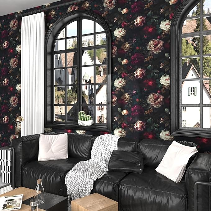 Fvlow Dark Black Floral Peel and Stick Wallpaper 17.4" x 394" Vintage Romantic Contact Paper Waterproof Self Adhesive Gothic Witchy Covering for Bedroom Cabinet Bathroom Abstract Art Home Decor Maroon