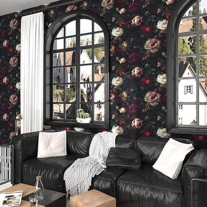 Fvlow Dark Black Floral Peel and Stick Wallpaper 17.4" x 394" Vintage Romantic Contact Paper Waterproof Self Adhesive Gothic Witchy Covering for Bedroom Cabinet Bathroom Abstract Art Home Decor Maroon
