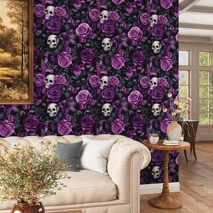 Black Purple Wallpaper Peel and Stick, Dark Floral Skull Contact Paper 17.5" x 393.7", Vintage Rose Gothic Flowers Wall Paper Self Adhesive Waterproof Removable for Bathroom Cabinet Drawer Table Decor
