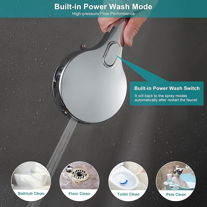 Handheld Shower Head with on off Switch&Built-in Power Spray,7-Setting High Pressure Spray Shower Wand with 79in Long Hose&Bracket and Extra Adhesive Shower Holder for Lower Mount,Chrome