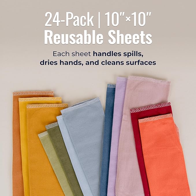 Zero Waste Reusable Paper Towels, Organic Cotton Flannel Wipes for Kitchen, Bathroom, Hand Drying, Pet Messes, and Counter Cleaning, Earth Tones, 24-Pack Gift Set